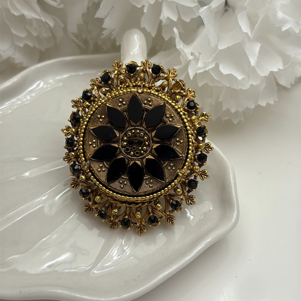FLORENZA BLACK ENAMELED RHINESTONE BROOCH